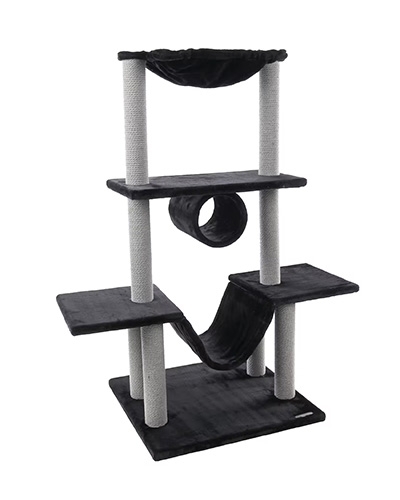 Arbre à chat noir HAMZA avec plusieurs plateformes et un tunnel.